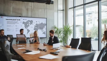 The image depicts a bright, modern office space with sleek furniture and large windows allowing natural light to flood the room. A long wooden conference table sits at the center, surrounded by ergonomic chairs. On the walls, there are framed certificates and maps of Spain, showcasing legal and geographical themes. In one corner, a diverse group of professionals is engaged in a discussion, some holding documents while others take notes. A large digital screen displays the title "Understanding Spanish Tax IDs" along with relevant graphics and bullet points summarizing key information. Potted plants add a touch of greenery, creating a welcoming atmosphere. The overall ambiance conveys professionalism and a commitment to assisting clients in navigating the complexities of Spanish legal and tax systems.