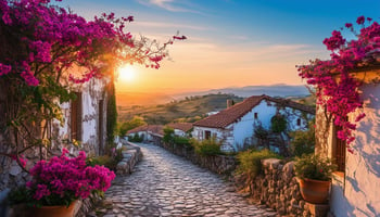 The image depicts a serene Spanish landscape at dawn, with the golden sun rising over a picturesque village nestled in rolling hills. Traditional whitewashed houses with terracotta roofs are scattered throughout the scene, framed by vibrant bougainvillea and olive trees. In the foreground, a cobblestone path leads towards an old stone farmhouse, its rustic charm enhanced by climbing vines and colorful flower pots. A clear blue sky gradually transitions from soft oranges and pinks to bright blue, reflecting the tranquility of the early morning. The atmosphere is peaceful, suggesting the promise of a new day, while hinting at the complexities of life and inheritance that unfold within this idyllic setting. In the distance, the silhouette of mountains adds depth to the landscape, completing the enchanting view of rural Spain.