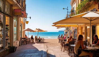 The image depicts a typical spanish town, bathed in soft morning light filtering through large windows. A beach, people sat in restaurants enjoying themselves, umbrellas, typical costal Spanish town