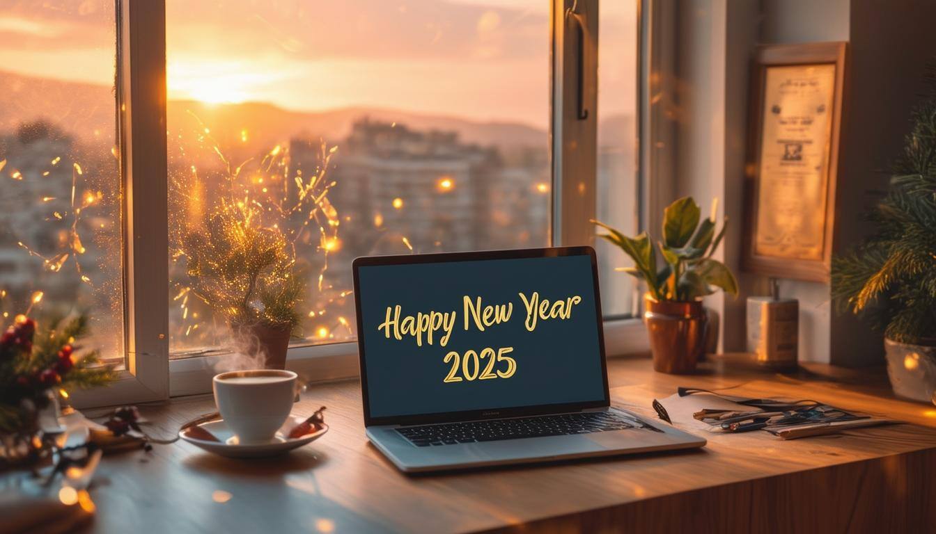 The image captures a serene morning scene on December 31, 2024, at 7:14 AM, with soft golden light filtering through a window, illuminating a cozy office space adorned with festive New Year decorations. A neatly arranged desk features a sleek laptop displaying the message 