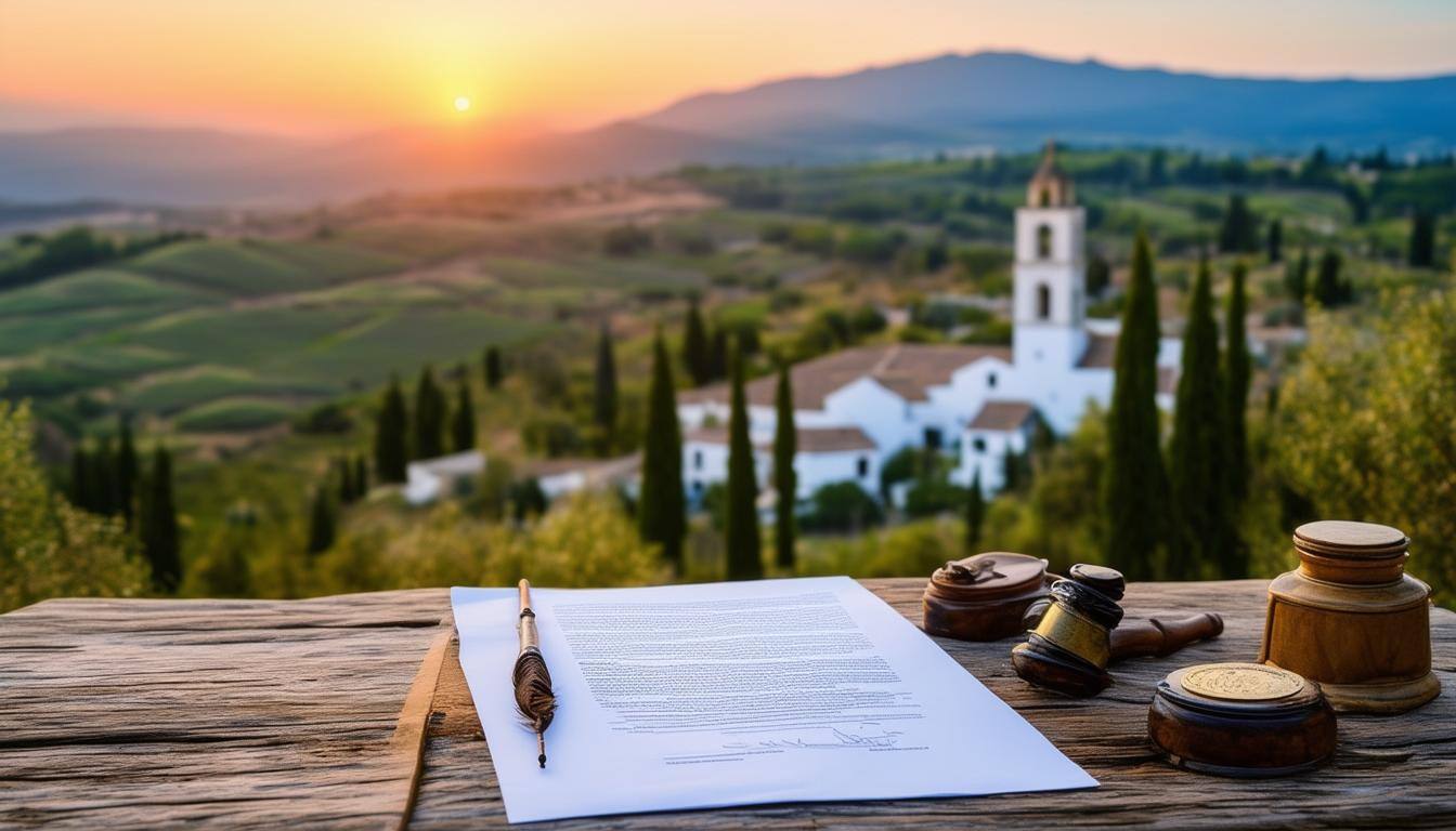 The image depicts a serene Spanish landscape at dawn, with soft golden light filtering through the clouds. In the foreground, a rustic wooden table is adorned with a neatly arranged stack of legal documents, including a prominently displayed Spanish will, complete with an elegant seal. Beside it, a traditional quill rests in an ink pot, suggesting a sense of history and formality. In the background, lush olive trees stretch across rolling hills, interspersed with quaint whitewashed villas that reflect the early morning light. The sky transitions from deep blue to warm hues of orange and pink, enhancing the tranquil atmosphere. A distant mountain range adds depth to the scene, while a gentle breeze rustles the leaves, symbolizing the peaceful resolution of estate planning. The overall composition evokes a sense of clarity and purpose, inviting viewers to consider the importance of securing their legacy in Spain.