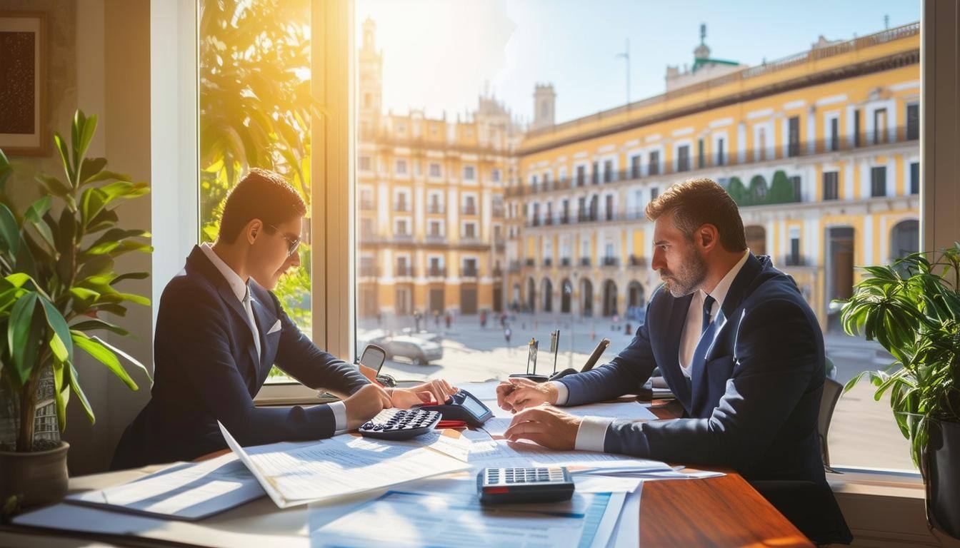 The image depicts solicitors working in an office calculating tax, the office is in spain and has a window looking out over spanish square, bright and sunny, on the desk there are papers, calculators, solicitors things and they are very smartly dressed